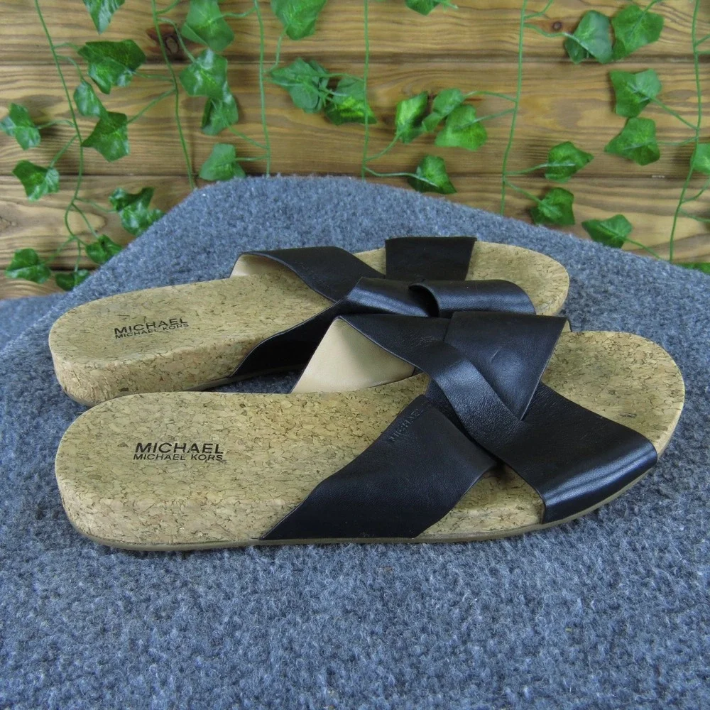 Michael Kors Women's Black Leather Cork Slide‎ Sandals 7.5M